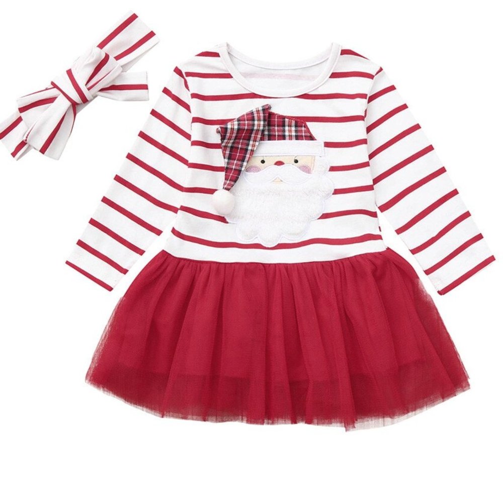 Girls Santa Plaid Hat Christmas Tulle Dress & Bow - Picture 2 of 5